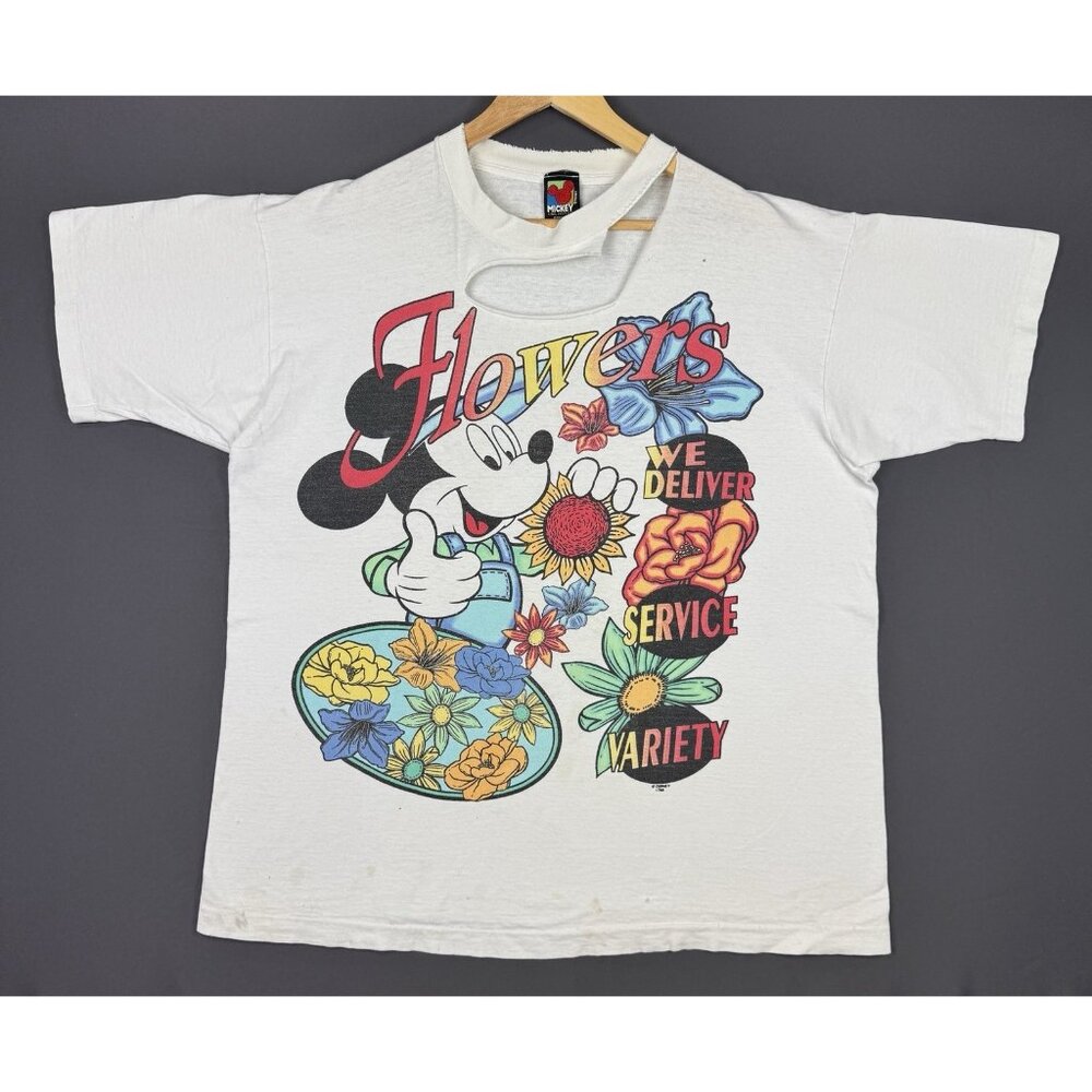 Vintage 90's Disney Mickey Mouse Flower Delivery Art Big Print Graphic Rare Tee